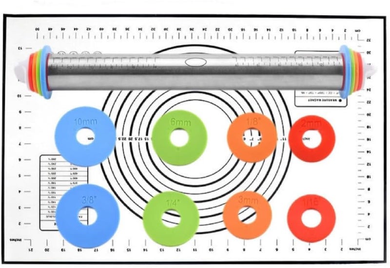 Tuqiso Rolling Pin and Silicone Baking Pastry Mat Set, Stainless Steel Dough Roller with Adjustable Thickness Rings, for Pizza, Pie, Pastries, Pasta, Cookies (Black) - Image 1